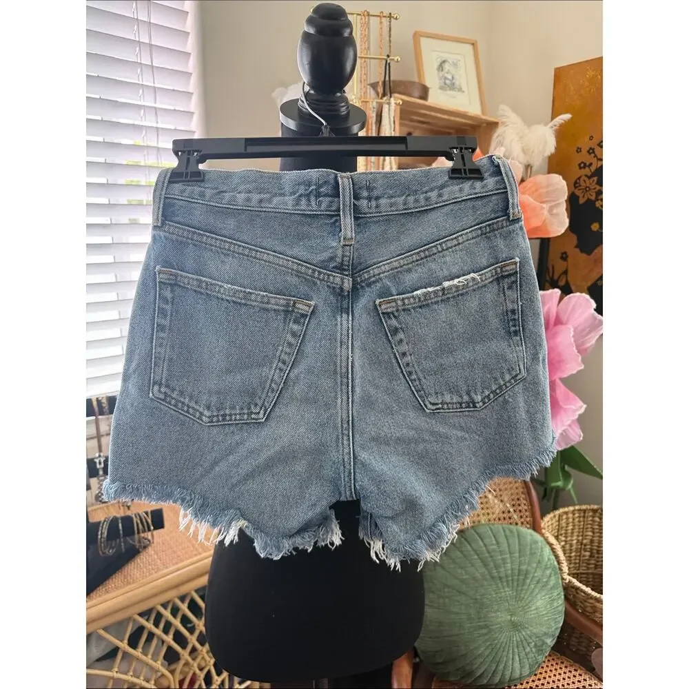 Agolde Parker Long Blue Distressed Button Fly Cutoff Denim Jean Shorts